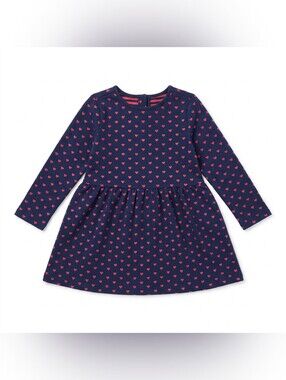 Primary Navy Blue Long-Sleeve Heart Print Dress with Pink Hearts